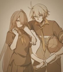 Rule 34 | 1boy, 1girl, acheron (honkai: star rail), ahoge, alternate costume, antenna hair, ball, basketball (object), chinese commentary, closed mouth, collarbone, collared shirt, cosplay, couple, elbow rest, hair between eyes, hair over one eye, hand up, head tilt, high collar, highres, holding, honkai: star rail, honkai (series), honkai impact 3rd, intermittent-reset, kevin kaslana, kevin kaslana (cosplay), leaning on person, leaning to the side, long hair, looking at viewer, mei (honkai impact), mei (honkai impact) (cosplay), monochrome, necktie, pants, phainon (honkai: star rail), sailor collar, school uniform, shade, shirt, short hair, short sleeves, skirt, standing