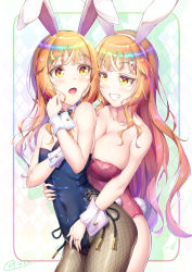 Rule 34 | 1boy, 1girl, animal ears, assertive female, breasts, brother and sister, cleavage, crossdressing, detached collar, embarrassed, fake animal ears, fishnet pantyhose, fishnets, grabbing from behind, highleg, highleg leotard, highres, large breasts, leotard, male playboy bunny, natsusora aona, natsusora wakana, naughty face, novady, original, pantyhose, playboy bunny, rabbit ears, rabbit tail, siblings, thighs, trap, twins, wrist cuffs