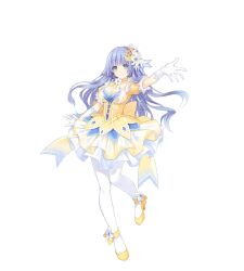 1girl blue_eyes blue_hair breasts cleavage crescent crescent_hair_ornament date_a_live date_a_live:_spirit_pledge dress elbow_gloves flower full_body gloves hair_between_eyes hair_flower hair_ornament izayoi_miku long_hair looking_at_viewer medium_breasts official_art open_mouth pantyhose smile solo tachi-e third-party_source white_pantyhose yellow_dress