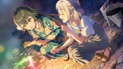 2girls blue_hair braid bucket closed_eyes fireworks gakuen_idolmaster game_cg green_eyes green_hair grey_hair high_heel_sandals highres idolmaster japanese_clothes katsuragi_lilja kimono multicolored_hair multiple_girls official_art open_mouth sandals sparkler squatting toes tsukimura_temari