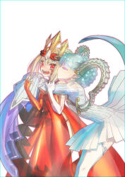 2girls aqua_hair bare_shoulders blonde_hair blush braid braided_bun breasts closed_eyes crown curled_horns dragon_tail dress fate/grand_order fate_(series) gloves hair_bun hair_intakes horns kiss kissing_cheek larva_tiamat_(fate) larva_tiamat_(first_ascension)_(fate) long_hair long_horns long_sleeves medium_hair multiple_girls nero_claudius_(fate) open_mouth queen_draco_(fate) queen_draco_(first_ascension)_(fate) red_dress red_eyes scales sharp_teeth single_glove small_breasts tail teeth thighhighs thighs tiamat_(fate) white_dress wide_sleeves yamanaka_kotetsu