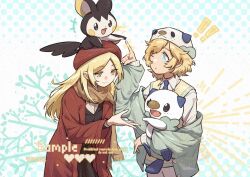 Rule 34 | 1boy, 1girl, black eyes, black fur, black skirt, black vest, blonde hair, blue background, blue eyes, blue fur, blue necktie, brown scarf, character hat, collared shirt, commission, creatures (company), emolga, game freak, gen 5 pokemon, green jacket, hat, highres, jacket, looking at another, necktie, nintendo, original, oshawott, pants, pokemon, pokemon (creature), red hat, red jacket, robinlovesop, scarf, shirt, simple background, skirt, standing, upper body, vest, white fur, white hat, white pants, white shirt, yellow eyes, yellow vest