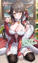 1girl absurdres apron arm_between_legs artist_name bare_shoulders bell black_hair black_thighhighs blush box breasts brown_eyes cape christmas_tree commission commissioner_name cosplay dress frilled_apron frills fur-trimmed_cape fur_trim gift gift_box hair_ornament hair_ribbon hairband hairclip haruna_(kancolle) headgear highres holding holding_bell indoors jingle_bell johnston_(christmas)_(kancolle) johnston_(kancolle) johnston_(kancolle)_(cosplay) kantai_collection large_breasts long_hair long_sleeves looking_at_viewer merry_christmas neck_bell red_dress red_ribbon ribbon santa_costume santa_dress skeb_commission sleeves_past_wrists solo thank_you thighhighs white_apron window yam_(yamap_mako)