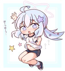 1girl :o ahoge arm_up blue_archive blue_border blue_hair blue_shoes blue_shorts blush border chibi full_body gym_shirt gym_shorts gym_uniform hair_between_eyes hair_ornament halo hana_kazari highres long_hair looking_at_viewer low_twintails multicolored_hair navel open_mouth pink_hair puffy_short_sleeves puffy_sleeves purple_eyes reisa_(blue_archive) see-through_clothes see-through_shirt shirt shoes short_sleeves shorts socks solo star_(symbol) star_hair_ornament sweat translation_request twintails two-tone_hair wet wet_clothes wet_shirt white_background white_border white_shirt white_socks