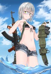 1girl absurdres akm ammunition_pouch armpits assault_rifle bikini black_bikini blue-framed_eyewear breasts chest_rig cloud cloudy_sky denim denim_shorts first_aid_kit from_below glasses gun highres hiiragi_senri holding holding_weapon kalashnikov_rifle medium_breasts optical_sight original pouch rifle short_hair shorts sky smile solo swimsuit vertical_foregrip weapon weapon_on_back white_hair yellow_eyes