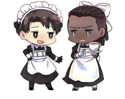 2boys apron black_eyes black_gloves black_socks bow bright_pupils chibi chibi_only clothes_lift cup dark-skinned_male dark_skin dreadlocks dress dress_lift gloves hair_bow hand_on_own_hip holding holding_plate library_of_ruina looking_at_another maid maid_apron maid_headdress multiple_boys narrowed_eyes olivier_(project_moon) plate project_moon roland_(project_moon) socks teacup white_gloves white_pupils wuruko