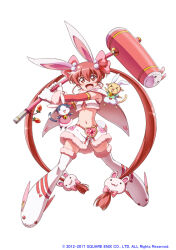 1girl :d animal_ears bare_shoulders blush boots bravely_default:_praying_brage bravely_default_(series) cape commentary_request copyright_notice crop_top cropped_shirt elbow_gloves full_body fur-trimmed_boots fur-trimmed_shirt fur-trimmed_shorts fur_trim gloves hair_between_eyes hair_ribbon hammer holding holding_hammer long_hair looking_at_viewer luluga_mishimazu lunamoon midriff navel official_art open_mouth pink_ribbon rabbit_ears rabbit_girl rabbit_tail red_eyes red_gloves red_hair ribbon shirt shorts simple_background sleeveless sleeveless_shirt smile tail thigh_boots twintails white_background white_boots white_cape white_shirt white_shorts