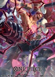 1boy black_gloves charlotte_katakuri chest_tattoo clenched_hands commentary_request copyright_name electricity gloves haki_(one_piece) incoming_attack official_art one_piece one_piece_card_game open_mouth otton pebble sharp_teeth short_hair smoke solo spiked_anklet tattoo teeth topless_male