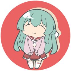 1girl ^_^ aqua_hair assault_lily bow brown_cardigan brown_shoes cardigan chibi closed_eyes closed_mouth commentary_request drop_shadow facing_viewer frilled_skirt frills full_body hair_between_eyes hair_bow half_updo kanba_girls_high_school_uniform long_hair long_sleeves lowres masaki_itsuki miniskirt necktie red_background red_skirt round_image school_uniform shoes short_necktie simple_background skirt sleeves_past_wrists smile solo standing thighhighs toki_kureha transparent_background white_bow white_necktie white_thighhighs