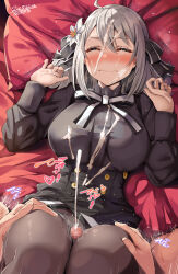1boy 1girl 2025 ahoge bed belko blush breasts censored closed_eyes clothed_sex cum cum_on_body cum_on_breasts cum_on_upper_body ejaculation embarrassed facial flower flower_on_head grey_hair highres large_breasts lily_(spy_kyoushitsu) mosaic_censoring panties panties_under_pantyhose pantyhose pillow pov spread_legs spy_kyoushitsu sweat thigh_grab thigh_sex underwear