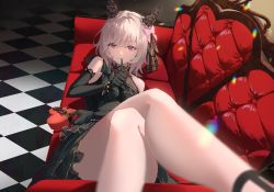 1girl animal_ears bangle black_choker black_dress black_footwear black_gloves bracelet choker couch crossed_legs curren_chan_(sakutsuki_ma_cherie)_(umamusume) curren_chan_(umamusume) dress ear_ornament elbow_gloves feet_out_of_frame finger_to_mouth frilled_dress frills gloves hair_ornament hair_ribbon heart heart_hair_ornament highres horse_ears horse_girl jewelry kamikura_(kamikuralagu) lens_flare lying on_back purple_eyes ribbon short_hair sleeveless sleeveless_dress smile solo thighs umamusume wedding_dress white_hair
