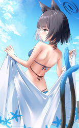 1girl animal_ear_fluff animal_ears back bikini black_eyes black_hair black_halo blue_archive blue_halo blue_nails blue_sky blush bright_pupils c.u.wa cat_ears cat_girl cat_tail closed_mouth commentary_request cowboy_shot day dutch_angle from_behind halo hands_up haori highres japanese_clothes kikyou_(blue_archive) kikyou_(swimsuit)_(blue_archive) looking_at_viewer looking_back multi-strapped_bikini_top multiple_tails nail_polish official_alternate_costume outdoors profile revision short_hair skindentation sky smile solo straight_hair swimsuit tail tail_raised two_tails unworn_haori w_arms white_haori white_pupils