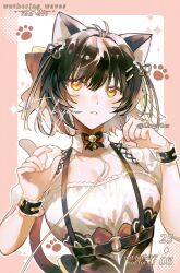 1girl =_hair_ornament alternate_costume animal_ears black_hair black_suspenders breasts cat_ears cat_tail colored_inner_hair commentary_request female_rover_(wuthering_waves) hair_ribbon highres kemonomimi_mode large_breasts lavyplus looking_at_viewer multicolored_hair parted_lips paw_pose ribbon rover_(wuthering_waves) shirt shirt_tucked_in solo tail upper_body white_hair white_shirt wuthering_waves yellow_eyes yellow_ribbon