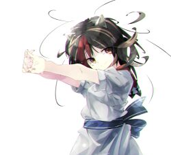 1girl black_hair dress gorilla_(bun0615) highres horns kijin_seija looking_at_viewer multicolored_hair own_hands_together short_sleeves simple_background smile solo streaked_hair stretching touhou upper_body white_background white_dress