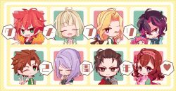 1girl 6+boys :&lt; ahoge ani_inako anzu_(1014105) ascot bags_under_eyes black_hair blonde_hair braid bright_pupils brown_hair cape chibi chibi_only chrom_rem dame_x_prince earrings feather_boa freckles green_eyes green_vest grin gurimaru hair_between_eyes hairband hand_puppet highres jewelry kyuaran mare_selen_el_phiriazar monocle multiple_boys narek_ischl_de_milidonia open_mouth own_hands_clasped own_hands_together pink_cape pink_hairband puppet purple_eyes red_ascot red_cape riot_volte ruze_selen_el_phiriazar short_hair smile speech_bubble teo_colton translation_request v vest vino_von_lomzard white_pupils