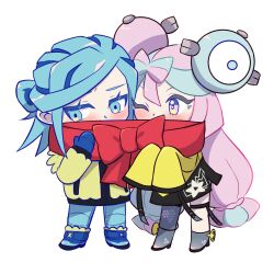 1boy 1girl blue_eyes blue_gloves blue_hair blush character_hair_ornament chibi chibi_only creatures_(company) game_freak gloves grusha_(pokemon) hair_ornament haruki_sparsa iono_(pokemon) long_hair looking_at_another looking_to_the_side multicolored_hair nintendo one_eye_closed pink_eyes pink_hair pokemon pokemon_sv sleeves_past_fingers sleeves_past_wrists standing star_(symbol) two-tone_hair very_long_hair