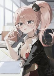 1girl absurdres bear_hair_ornament bespectacled black_shirt blonde_hair blue_eyes bow breasts chama_(chacoc0) choker cleavage collarbone danganronpa:_trigger_happy_havoc danganronpa_(series) enoshima_junko glasses hair_ornament highres indoors large_breasts long_hair looking_at_viewer nail_polish necktie red_bow red_nails shirt smile solo