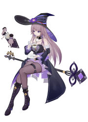 3girls bare_shoulders black_boots black_choker black_dress black_hat boots choker cup detached_sleeves dress flower grey_hair hair_flower hair_ornament hat herta_(honkai:_star_rail) herta_(puppet)_(honkai:_star_rail) high_heel_boots high_heels highres holding holding_cup honkai:_star_rail honkai_(series) jewelry key key_necklace liulangmao long_hair long_sleeves mini_person minigirl multiple_girls necklace pantyhose purple_eyes purple_flower simple_background sitting strapless strapless_dress the_herta_(honkai:_star_rail) thigh_strap very_long_hair white_background witch_hat