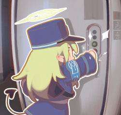 1girl absurdres armband blue_archive blue_armband blue_hat blue_jacket blue_skirt demon_girl demon_tail green_hair hat highres hikari_(blue_archive) jacket long_hair long_sleeves outline peaked_cap pointy_ears shako_cap skirt solo tail train_interior villainchin white_outline