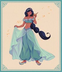 1girl absurdres aladdin_(movie) arabian_clothes bare_shoulders black_hair breasts brown_eyes brown_hair cleavage dark-skinned_female dark_skin earrings full_body highres jasmine_(disney) jewelry long_hair looking_at_viewer midriff mizala navel necklace off_shoulder pants shirt smile solo very_long_hair