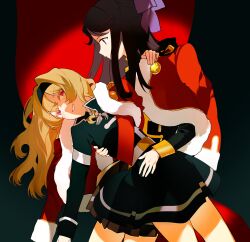 Rule 34 | 2girls, absurdres, arm around neck, belt, belt buckle, black background, black hairband, black jacket, black skirt, blonde hair, bow, brown hair, buckle, carrying, carrying person, closed mouth, cowboy shot, epaulettes, from side, fur-trimmed jacket, fur trim, grey skirt, grin, hair bow, hairband, half updo, hand on another&#039;s back, hand on another&#039;s stomach, highres, jacket, jacket on shoulders, leaning back, long hair, long sleeves, looking at another, looking down, looking to the side, miniskirt, multiple girls, outstretched arm, parted bangs, parted lips, pleated skirt, profile, purple bow, purple eyes, red background, red eyes, red jacket, red sash, saijou claudine, sash, shade, shoujo kageki revue starlight, shoulder sash, sidelocks, sideways glance, single stripe, skirt, smile, spotlight, standing, striped clothes, striped skirt, tassel, tendou maya, two-tone background, vojaganto, wavy hair, white belt, yuri