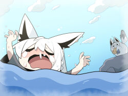 1girl absurdres ahoge animal_ears blue_sky closed_eyes cocomayo29_(tomato) commentary_request crying day fang food food_in_mouth fox_ears fox_girl fox_tail hair_between_eyes highres hololive korean_commentary miteiru_(shirakami_fubuki) o_o open_mouth pizza pizza_slice shirakami_fubuki sky snot solo tail virtual_youtuber water wavy_mouth white_hair