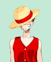 1boy blue_background clenched_teeth hat hat_over_eyes highres male_focus monkey_d._luffy one_piece red_shirt scar scar_on_face shirt short_hair simple_background sleeveless sleeveless_shirt solo straw_hat teeth u_u543 upper_body