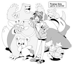 1girl animal_ears antennae arm_up bare_shoulders bear_ears bike_shorts blunt_bangs blunt_sidelocks breasts character_name claws closed_eyes collarbone combee commentary contrapposto covering_own_mouth dot_nose double-parted_bangs english_commentary english_text eyebrows_hidden_by_hair fang fangs flying gen_1_pokemon gen_2_pokemon gen_4_pokemon gloves greyscale grin gris_(vertigris) hand_on_own_hip highres holding holding_poke_ball hood hoodie leaning_forward long_sleeves looking_at_viewer low_ponytail lying magikarp monochrome narrowed_eyes nintendo off_shoulder on_back open_mouth original partially_unzipped poke_ball poke_ball_(basic) pokemon pokemon_(creature) ponytail sandals short_hair short_shorts shorts sidelocks simple_background slowpoke small_breasts smile snorlax standing standing_on_one_leg tank_top teddiursa ursaring v-shaped_eyebrows vertigris visor_cap whiskers white_background zipper_pull_tab
