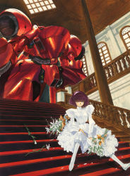 Rule 34 | 1girl, aged down, bouquet, breasts, dress, eyebrows hidden by hair, flower, from below, gerbera tetra, grey eyes, gundam, gundam 0083, haman karn, headband, holding, holding bouquet, looking down, looking to the side, mecha, medium breasts, nakamura hirofumi, pink headband, robot, short hair, sitting, stairs, white dress, white legwear, zeta gundam