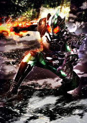 Rule 34 | 1boy, amazons register, black gloves, bodysuit, compound eyes, full body, gloves, green bodysuit, highres, holding, holding weapon, kamen rider, kamen rider amazon new omega, kamen rider amazons, male focus, masukudo (hamamoto hikaru), multicolored armor, neo amazons driver, open hand, outdoors, red eyes, rider belt, smoke, tree, weapon