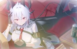 1girl armband black_armband black_gloves black_horns black_jacket black_tail breasts can chest_harness closed_mouth collared_shirt commentary_request couch curled_horns demon_tail drink_can earrings gloves grey_hair hand_up harness highres holding holding_pocket_watch horns indoors jacket jacket_on_shoulders jewelry kaerunrun key_earrings large_breasts long_hair looking_at_watch lying multicolored_hair necktie on_couch on_stomach pocket_watch red_eyes red_necktie shirt solo streaked_hair tail watch white_shirt wuthering_waves zani_(wuthering_waves)