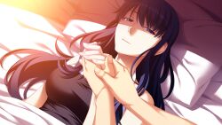 1boy 1girl bare_shoulders bed black_shirt blue_eyes blue_hair breasts collarbone dutch_angle game_cg grabbing_another&#039;s_hand grisaia_(series) grisaia_no_meikyuu hair_down head_on_pillow kazami_yuuji kusakabe_asako large_breasts long_hair looking_at_viewer lying non-web_source on_back on_bed out_of_frame parted_lips pillow shirt sleeveless sleeveless_shirt smile spoilers under_covers upper_body watanabe_akio