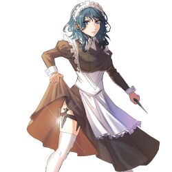 0701mono 1girl apron black_dress blue_eyes blue_hair breasts closed_mouth dagger dress female_byleth_(fire_emblem) fire_emblem fire_emblem:_three_houses hair_between_eyes highres holding holding_dagger holding_knife holding_weapon knife long_hair looking_at_viewer maid maid_apron maid_headdress medium_breasts medium_hair nintendo simple_background solo thigh_strap thighhighs weapon white_apron white_thighhighs wrist_cuffs