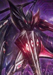 Rule 34 | abbadomon, abbadomon core, arm blade, arm cannon, black cape, black skin, cape, colored skin, digimon, digimon (creature), extra eyes, extra mouth, glowing, glowing eyes, highres, joker ko1118, multicolored skin, polearm, red eyes, red skin, redrawn, sharp teeth, solo, spear, teeth, two-tone skin, weapon