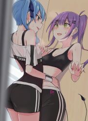 2girls absurdres blue_eyes blue_hair demon_girl demon_tail e-wing_(ewingillustrate) female_focus grabbing_waist green_eyes highres hololive hoshimachi_suisei multiple_girls nail_polish piercing purple_hair short_hair shorts sports_bra sweat tail tokoyami_towa twintails virtual_youtuber yuri
