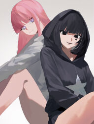 2girls absurdres black_eyes black_hair black_hoodie black_skirt closed_mouth grey_sweater highres hongou_hina hood hoodie isshou_senkin long_hair looking_at_viewer multiple_girls no_pupils pink_hair purple_eyes school_uniform shinonome_rei_(isshou_senkin) sitting skirt smile star-shaped_pupils star_(symbol) sweater symbol-shaped_pupils very_long_hair