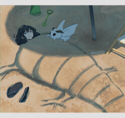 1boy beach_chair black_hair blanca_(fate) blue_eyes bucket bug buried cocoon fate/grand_order fate_(series) feng_cheng_(kanon91426) highres insect male_focus medium_hair moth oberon_(fate) oberon_(third_ascension)_(fate) open_mouth outdoors sand_sculpture sandals shovel solo