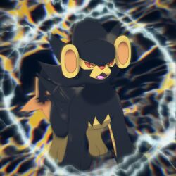 alternate_color animal_focus blurry chromatic_aberration colored_sclera depth_of_field electricity fangs full_body gen_4_pokemon herari highres luxray nintendo no_humans open_mouth orange_eyes pokemon pokemon_(creature) red_sclera shiny_pokemon solo standing