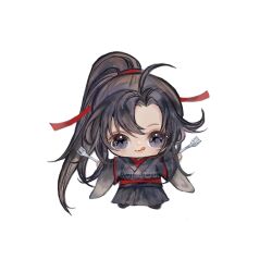 1boy :q ahoge black_boots black_hair black_hanfu boots chibi chibi_only chinese_clothes fork full_body grey_eyes hair_ribbon hands_up hanfu highres holding holding_fork licking_lips long_hair long_sleeves looking_at_viewer male_focus modao_zushi ojisan_rbt parted_bangs ponytail red_ribbon ribbon robe sash sidelocks simple_background smile solo tongue tongue_out twitter_username very_long_hair watermark wei_wuxian white_background wide_sleeves