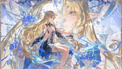 2girls black_dress blonde_hair blue_eyes blue_hair candlestand cartethyia_(wuthering_waves) chinese_commentary closed_mouth colored_inner_hair commentary_request crown_of_thorns dress dual_persona earrings fleurdelys_(wuthering_waves) hand_on_own_chest highres holding holding_sword holding_weapon horns jewelry long_hair multicolored_hair multiple_girls necklace parted_lips pointy_ears sidelocks single_horn sitting smusmuye sword sword_in_front_of_face tabard tacet_mark_(wuthering_waves) very_long_hair weapon white_tabard wuthering_waves yellow_horns