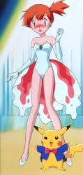 1girl anime_screenshot aqua_eyes blush cosplay creatures_(company) elbow_gloves embarrassed game_freak gen_1_pokemon gloves goldeen goldeen_(cosplay) hair_tie high_heels highres leotard misty_(pokemon) nintendo orange_hair pikachu pokemon pokemon_(anime) pokemon_(classic_anime) pokemon_ep043 ponytail showgirl_skirt side_ponytail stitched third-party_edit