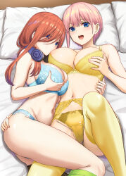 Rule 34 | 2girls, :d, absurdres, blue bra, blue panties, bra, breasts, brown hair, cleavage, commentary request, go-toubun no hanayome, grabbing own breast, headphones, headphones around neck, highres, inanaki shiki, large breasts, long hair, looking at viewer, lying, multiple girls, nakano ichika, nakano miku, navel, on back, on bed, on side, open mouth, panties, pillow, pink hair, short hair, siblings, sisters, smile, stomach, teeth, thighhighs, thighs, tongue, underwear, underwear only, upper teeth only, yellow bra, yellow panties, yellow thighhighs