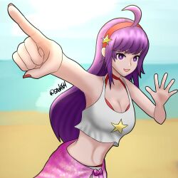 1girl absurdres asamiya_athena beach bikini breasts female_focus flower_print hairband hands_up highres huge_breasts large_breasts long_hair looking_at_viewer outdoors pale_skin purple_eyes purple_hair sand shirt sky smile snak64 standing star_(symbol) swimsuit tank_top the_king_of_fighters water white_shirt