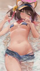 1girl absurdres animal_ear_fluff animal_ears bikini blue_archive blue_bikini breasts brown_hair cutoff_jeans cutoffs denim denim_shorts fox_ears fox_girl halo highres izuna_(blue_archive) izuna_(swimsuit)_(blue_archive) looking_at_viewer lying medium_breasts micro_shorts miyama_mizuki_(hoshihoshi1220) navel ocean official_alternate_costume on_back open_fly outdoors pink_halo pink_scarf sand scarf short_hair shorts stomach striped_bikini striped_clothes swimsuit visor_cap yellow_eyes
