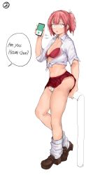 1boy absurdres bra bulge cellphone crossdressing front-tie_shirt front-tie_top highres komi-san_wa_komyushou_desu loafers loose_socks mamimi_(mamamimi) miniskirt panties phone pink_hair red_bra school_uniform shoes short_hair skirt socks tadano_hitohito trap twintails underwear white_panties