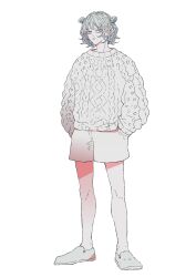Rule 34 | 1boy, alternate costume, alternate hairstyle, bishounen, cable knit, closed mouth, facial mark, full body, grey eyes, grey hair, hair rings, highres, jujutsu kaisen, kashimo hajime, male focus, medium hair, pale skin, rippetickler, shoes, shorts, simple background, solo, standing, sweater, white background, white shoes, white shorts, white sweater