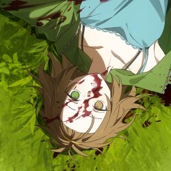 1girl bangs_pinned_back blood blood_on_clothes blood_on_face blood_splatter blue_camisole breasts brown_eyes camisole chinese_commentary commentary_request day expressionless forehead from_above frown gotou_momoko grass green_eyes green_jacket heterochromia highres jacket lying medium_hair on_back on_ground open_clothes open_jacket outdoors outstretched_arms parted_lips sakuraihum shigatsu_youka small_breasts solo spaghetti_strap spread_arms upper_body upside-down