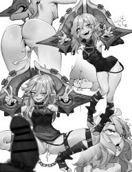 Rule 34 | 1girl, bdsm, belt, bondage, bound, breasts, briar (league of legends), chen zi, full body, greyscale, hair between eyes, highres, league of legends, long hair, looking at viewer, monochrome, multiple views, pointy ears, sharp teeth, sidelocks, simple background, small breasts, smile, teeth, toeless footwear, toenails, toes, vampire, wrist cuffs