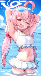 1girl absurdres ahoge armpits arms_behind_head bare_shoulders bikini blue-tinted_eyewear blue_archive blue_sky blush breasts crossed_bangs eyewear_on_head fang frilled_bikini frills hair_between_eyes hair_bobbles hair_ornament half-closed_eyes halo highres hoshino_(blue_archive) hoshino_(swimsuit)_(blue_archive) huge_ahoge loli long_hair looking_at_viewer low_twintails navel ocean official_alternate_costume one_eye_closed open_mouth partially_submerged pink_hair pink_halo shoumoku sky small_breasts solo standing stomach sunglasses swimsuit thighs tinted_eyewear twintails very_long_hair water water_drop wet white-framed_eyewear white_bikini
