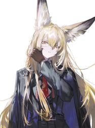 1girl animal_ear_fluff animal_ears arknights black_coat black_jacket black_vest blonde_hair blood blood_on_face brown_gloves coat coat_on_shoulders fox_ears fox_girl gloves hair_over_one_eye hand_on_own_face highres jacket long_hair looking_at_viewer necktie orange_eyes parted_lips quasarcake red_necktie scar scar_on_face shirt sidelocks solo vest vulpisfoglia_(arknights) white_shirt
